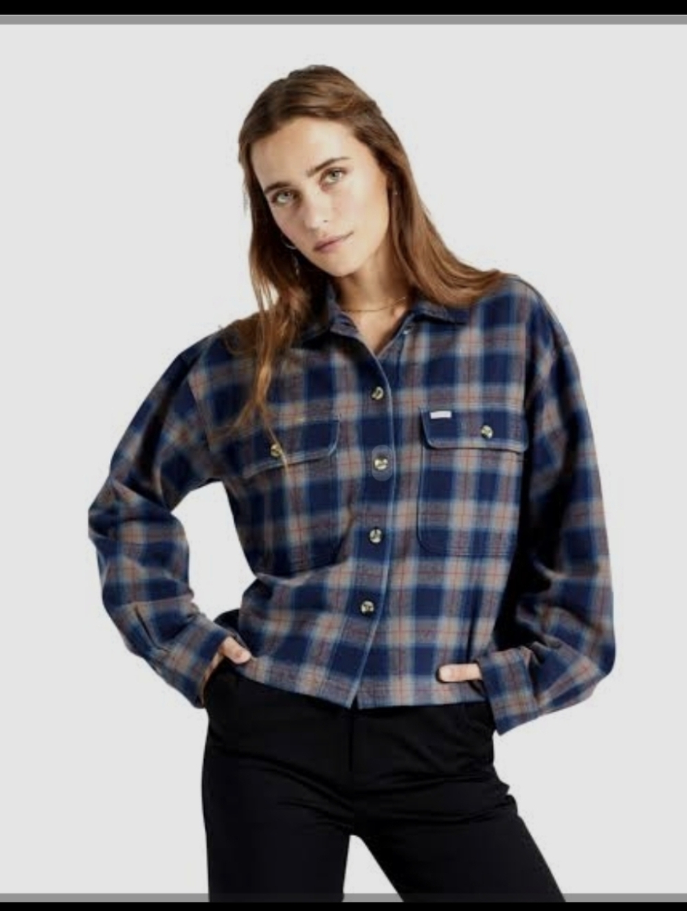 BRIXTON WOMEN BOWERY FLANNEL SHIRT SIZE: S NAVY CHARCOAL